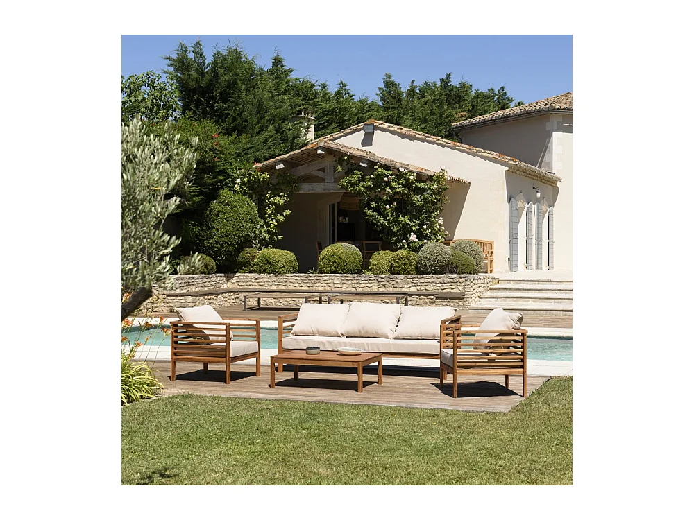 VICK - SALON DE JARDIN EN BOIS ACACIA 5 pers. - 1 Canapé 3 places, 2 fauteuils et 1 table basse rectangulaire 100 x 60 cm