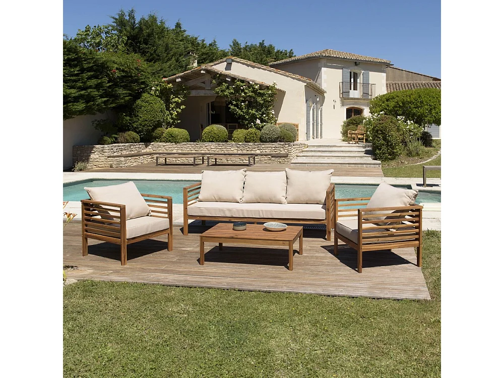 VICK - Salon de jardin bois d'acacia. avec 2 fauteuils un canapé et une table