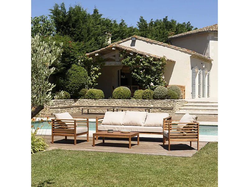 VICK - Salon de jardin bois d'acacia. avec 2 fauteuils un canapé et une table