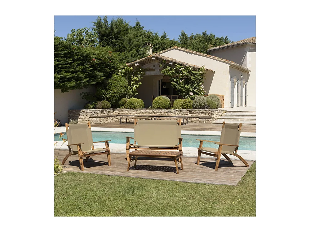 VICK - Salon jardin bois acacia 4 pers : canapé, 2 fauteuils et table basse