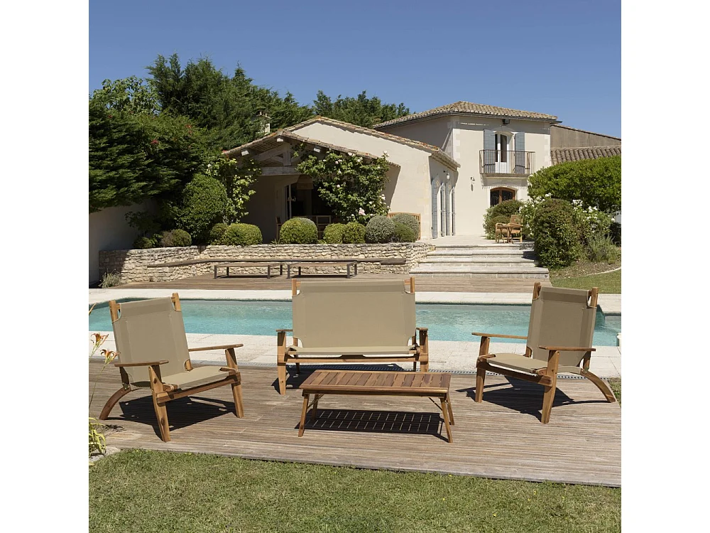 VICK - Salon jardin bois acacia 4 pers : canapé, 2 fauteuils et table basse