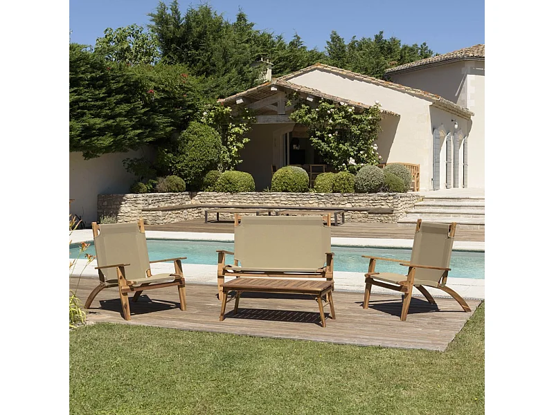VICK - Salon jardin bois acacia 4 pers : canapé, 2 fauteuils et table basse