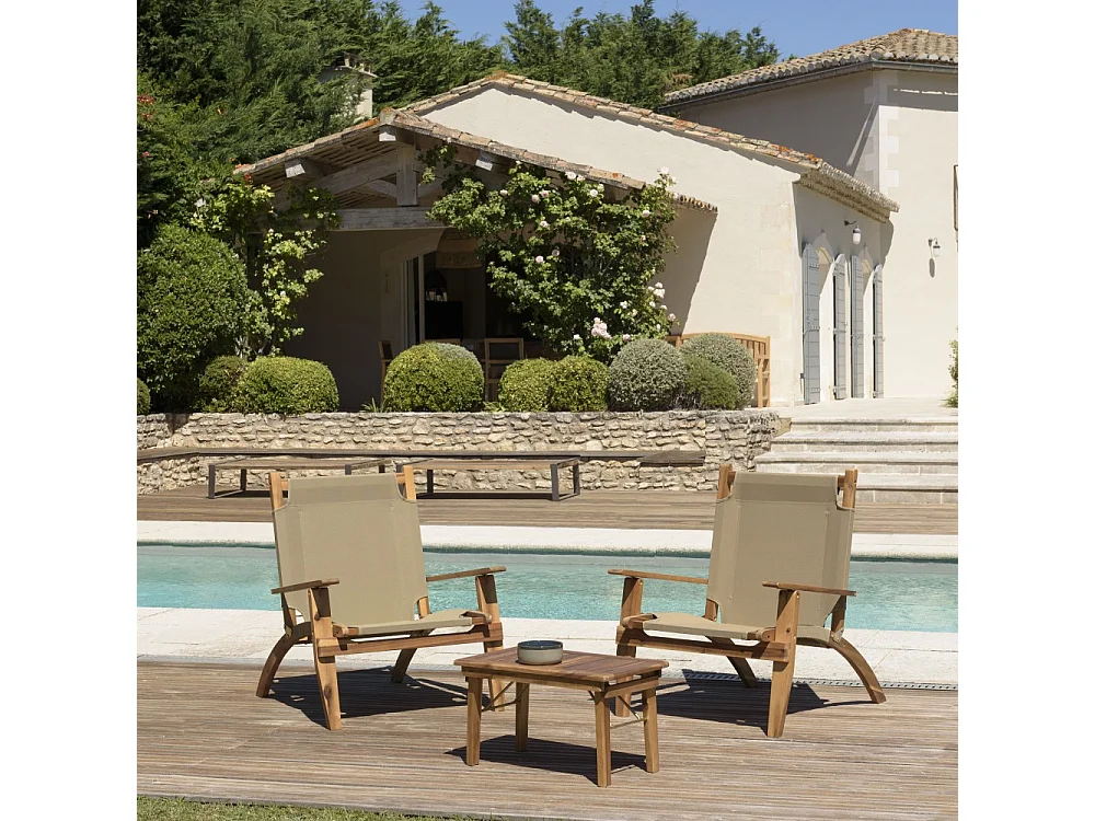 Salon de jardin en bois acacia 2 pers - 2 fauteuils et 1 table basse