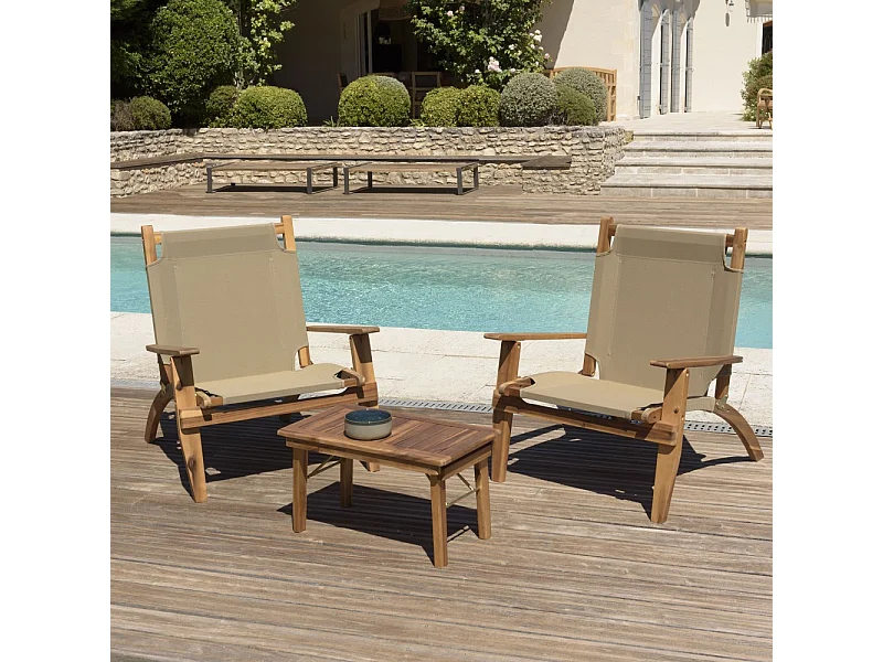 Salon de jardin en bois acacia 2 pers - 2 fauteuils et 1 table basse