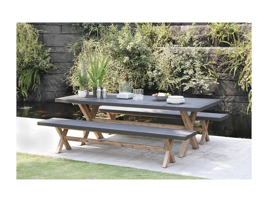 HECTOR - Ensemble jardin béton et acacia - Table 200*100 cm et 2 bancs