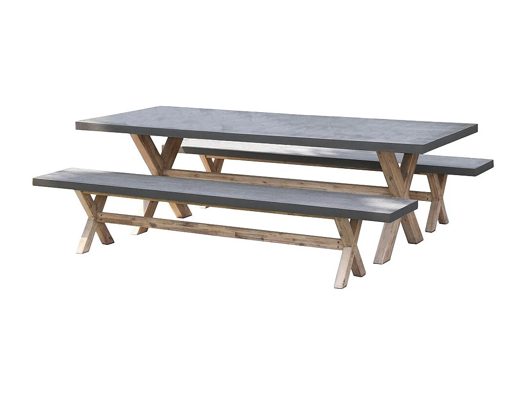 HECTOR - Ensemble jardin béton et acacia - Table 200*100 cm et 2 bancs