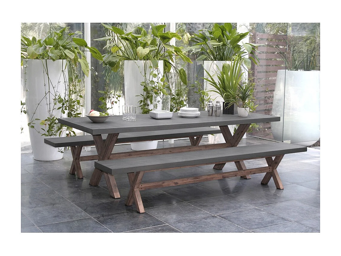 HECTOR - Ensemble jardin béton et acacia - Table 200*100 cm et 2 bancs