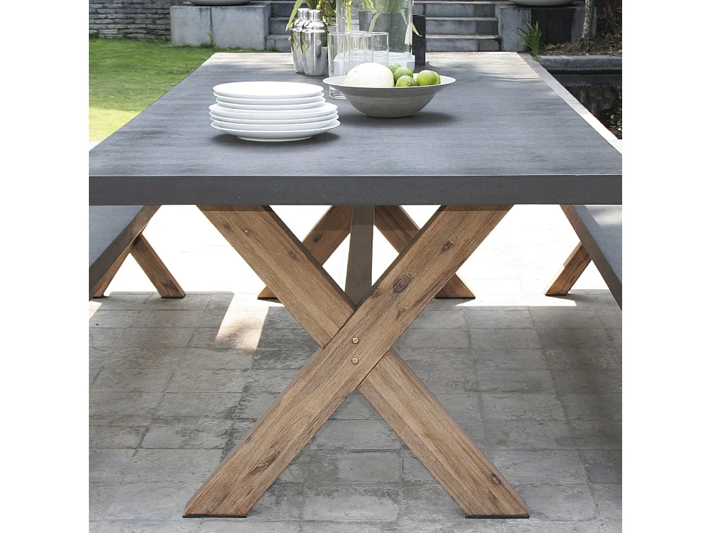 HECTOR - Ensemble jardin béton et acacia - Table 200*100 cm et 2 bancs