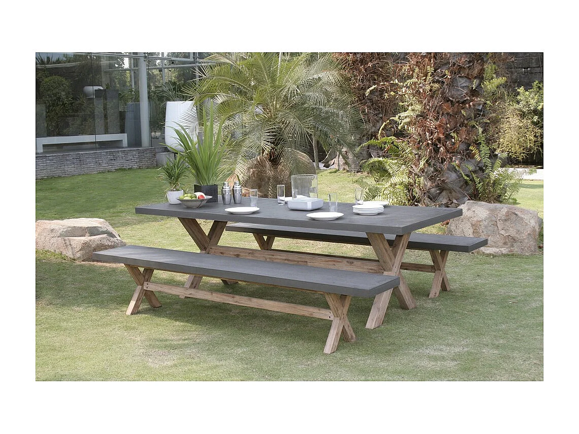 HECTOR - Ensemble jardin béton et acacia - Table 200*100 cm et 2 bancs