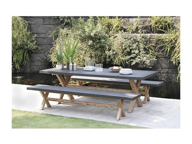 HECTOR - Ensemble jardin béton et acacia - Table 200*100 cm et 2 bancs