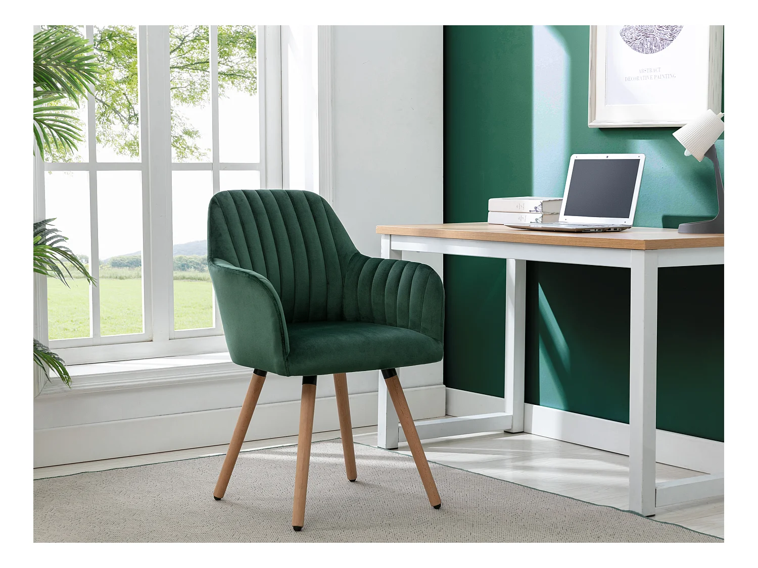 Lot de 2 chaises avec accoudoirs en velours et pieds bois de hêtre - Vert foncé - ELEANA