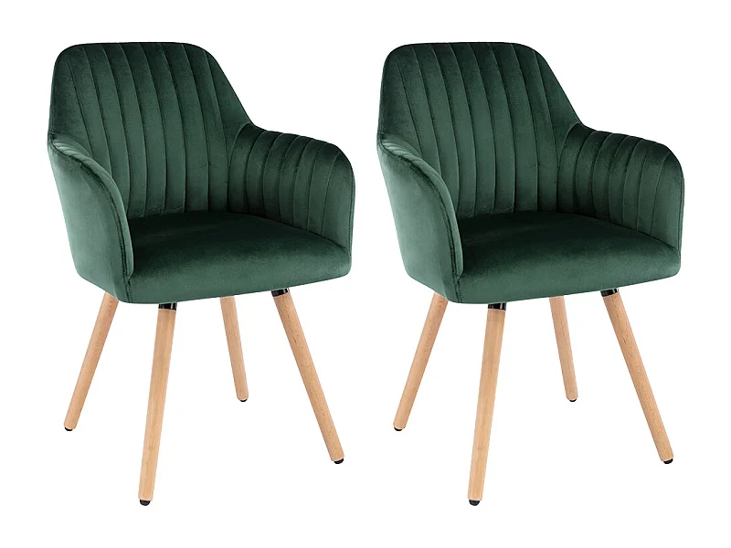 Lot de 2 chaises avec accoudoirs en velours et pieds bois de hêtre - Vert foncé - ELEANA