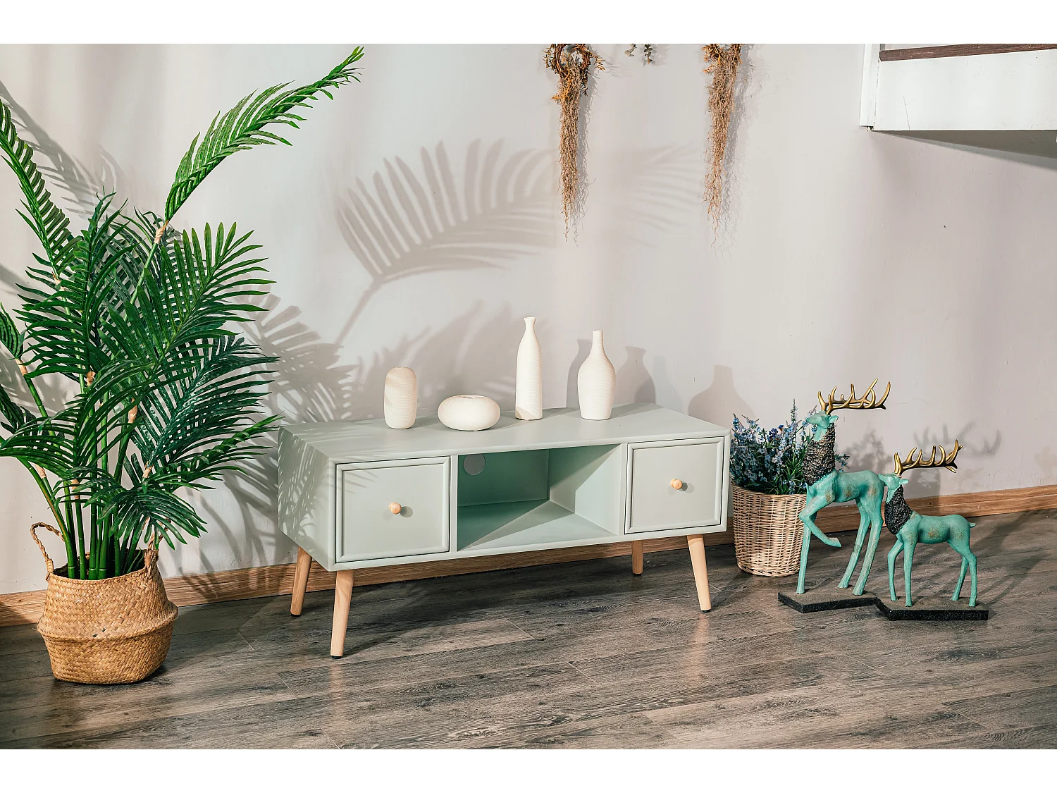 Meuble TV 2 tiroirs en bois massif vert menthe