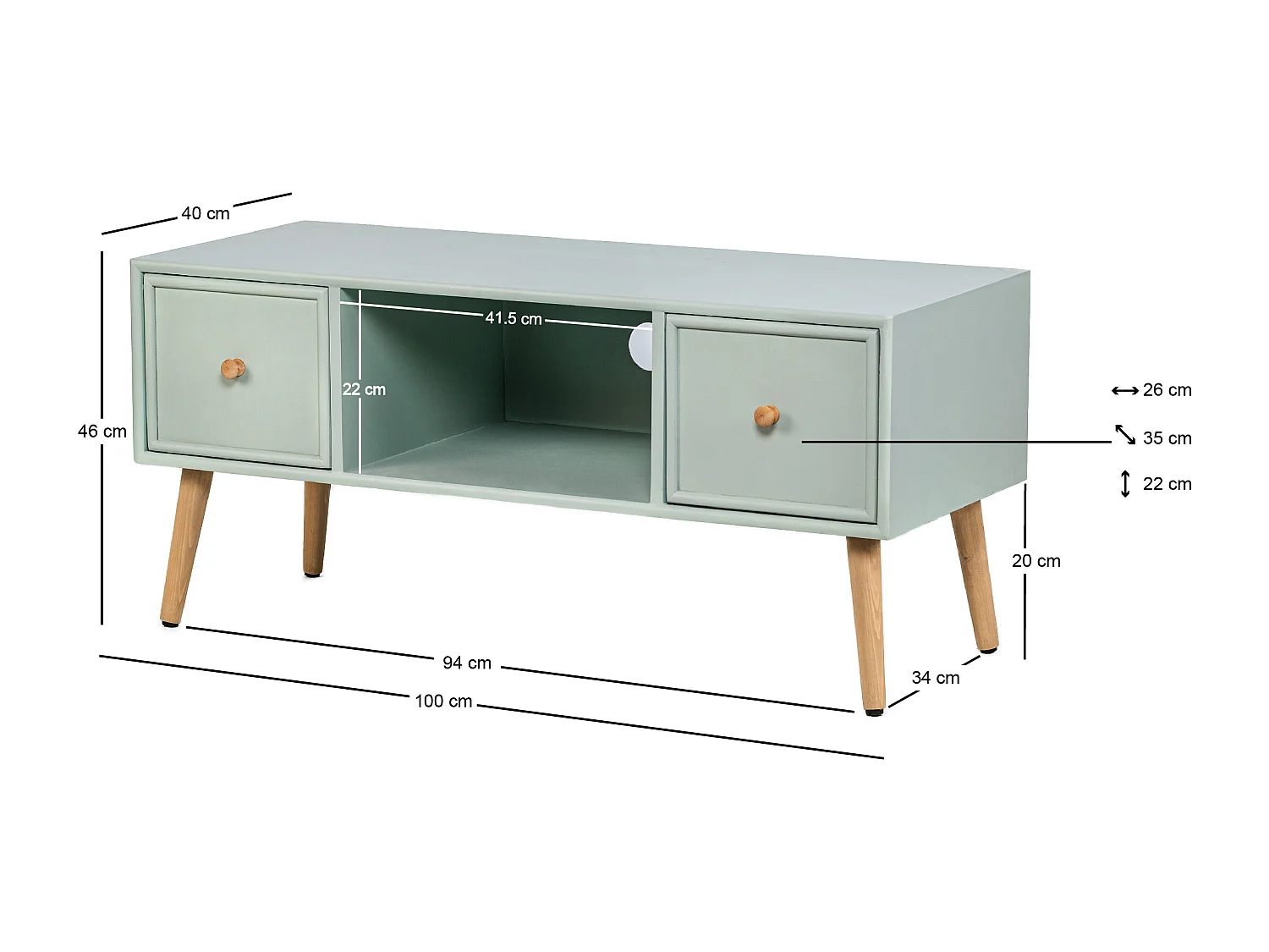 Meuble TV 2 tiroirs en bois massif vert menthe