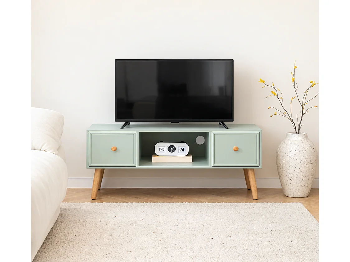 Meuble TV 2 tiroirs en bois massif vert menthe