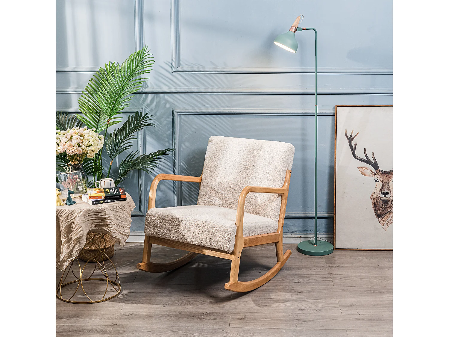 Rocking chair en bois massif et bouclette blanche