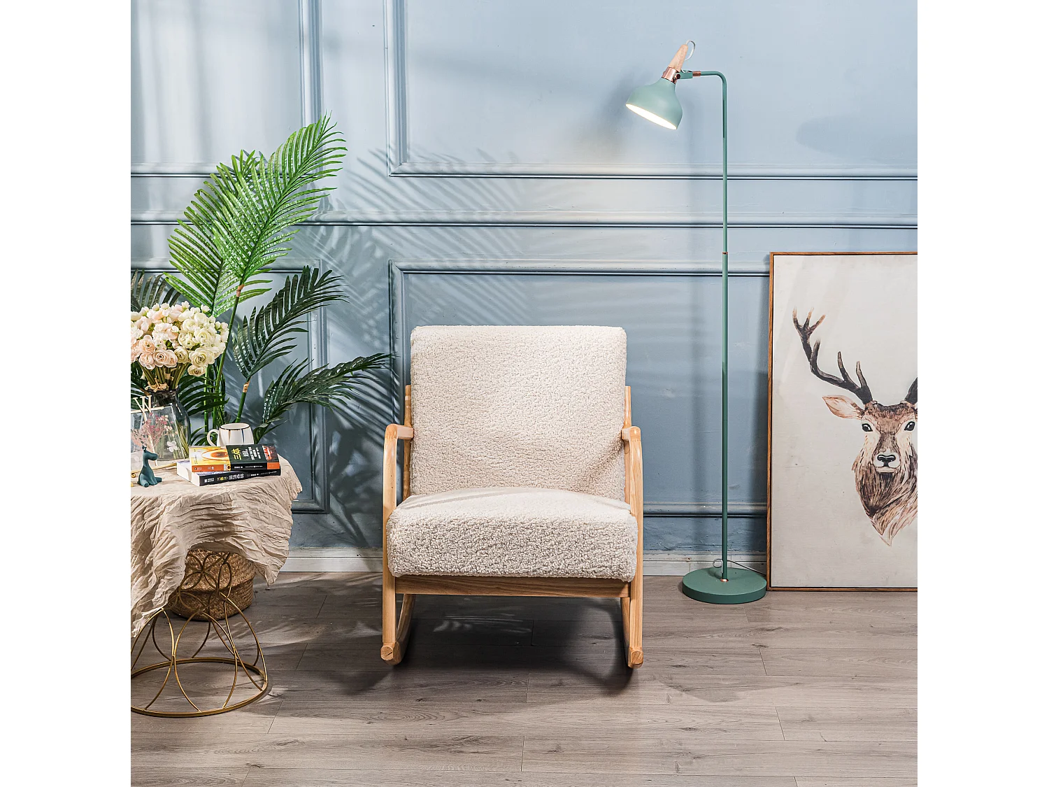 Rocking chair en bois massif et bouclette blanche