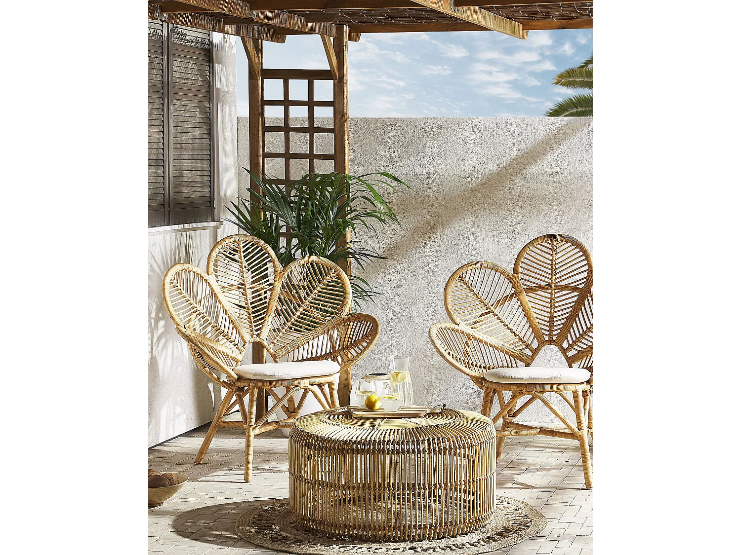 Rattanstuhl heller Holzfarbton 2er Set Balkon Terrase Auflagen beige Florentine