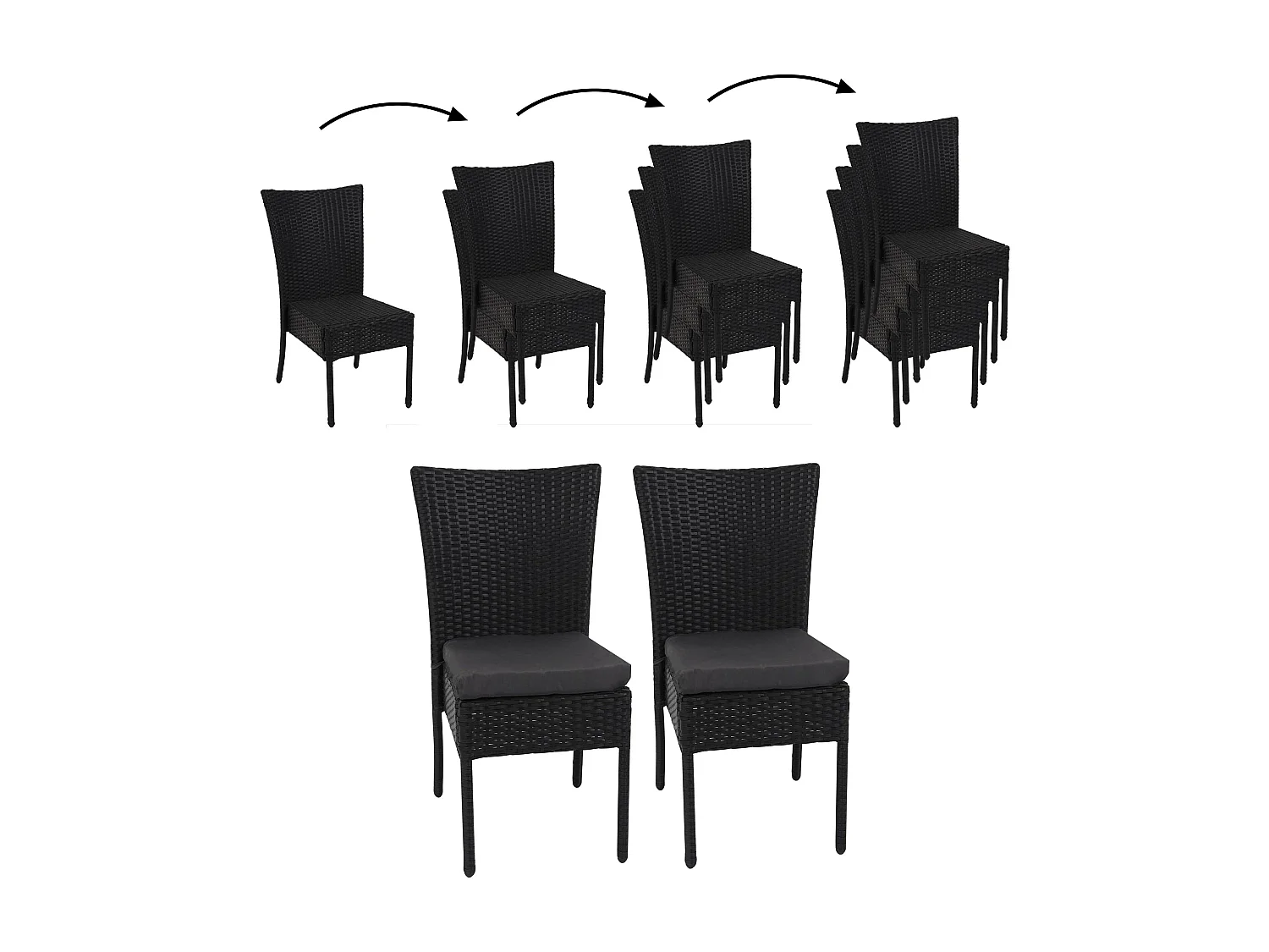 Set 2x sedie esterno giardino impilabili polyrattan HWC-G19 nero cuscini grigio scuro