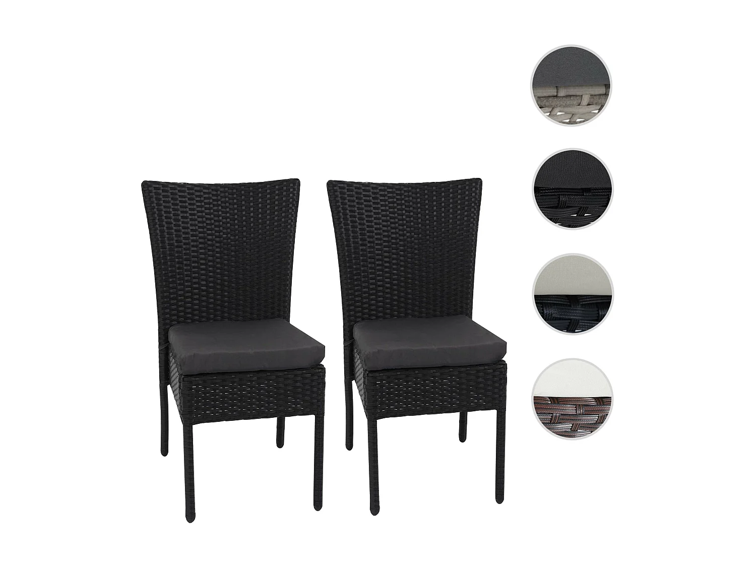Set 2x sedie esterno giardino impilabili polyrattan HWC-G19 nero cuscini grigio scuro