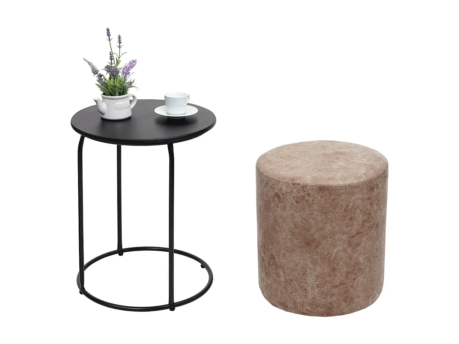 Pouf et table d'appoint HWC-K48 - table basse table tabouret - certifié MVG MDF métal similicuir - brun