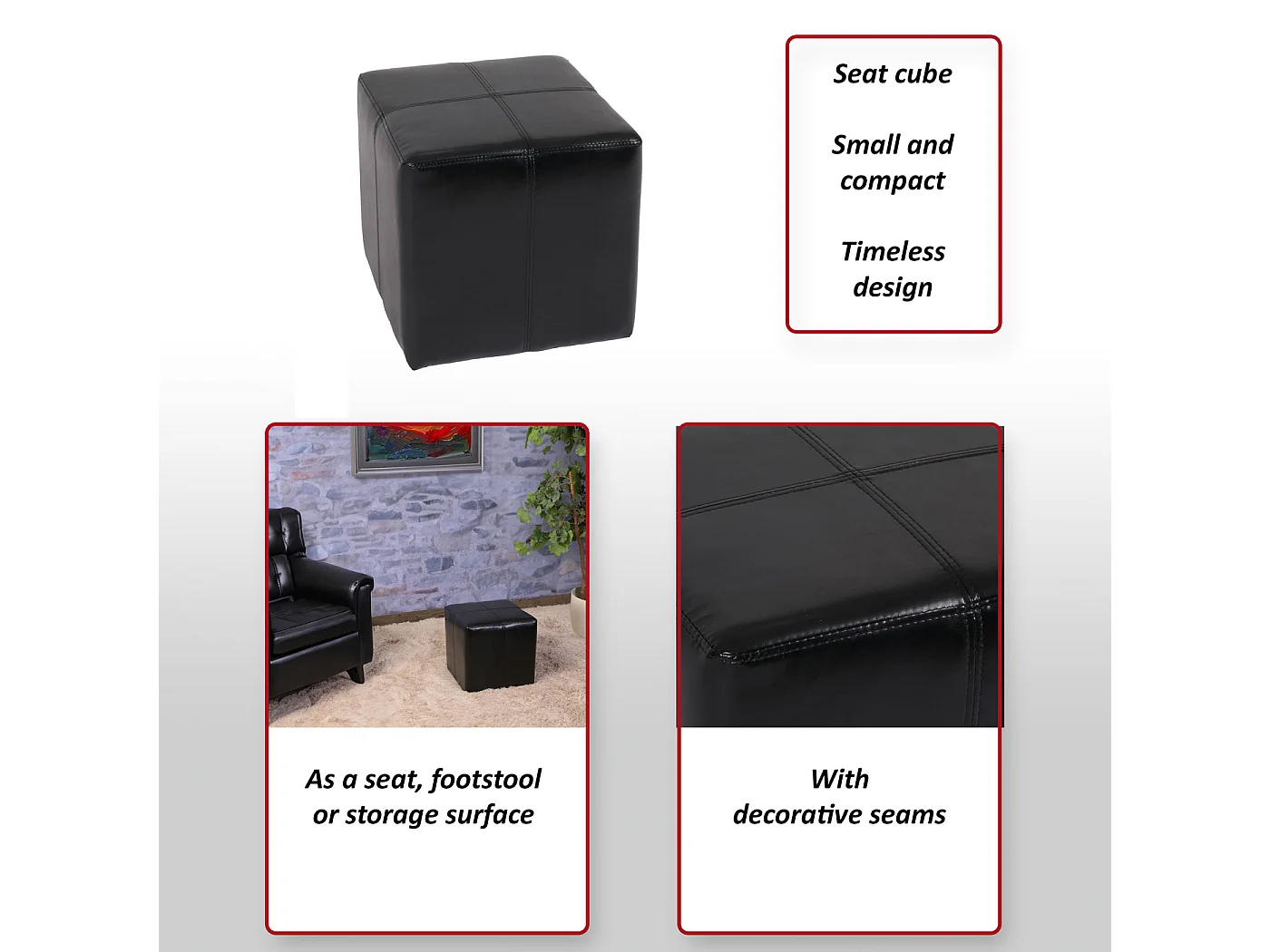 Pouf dé, tabouret Onex, cuir, 36x36x36cm, noir