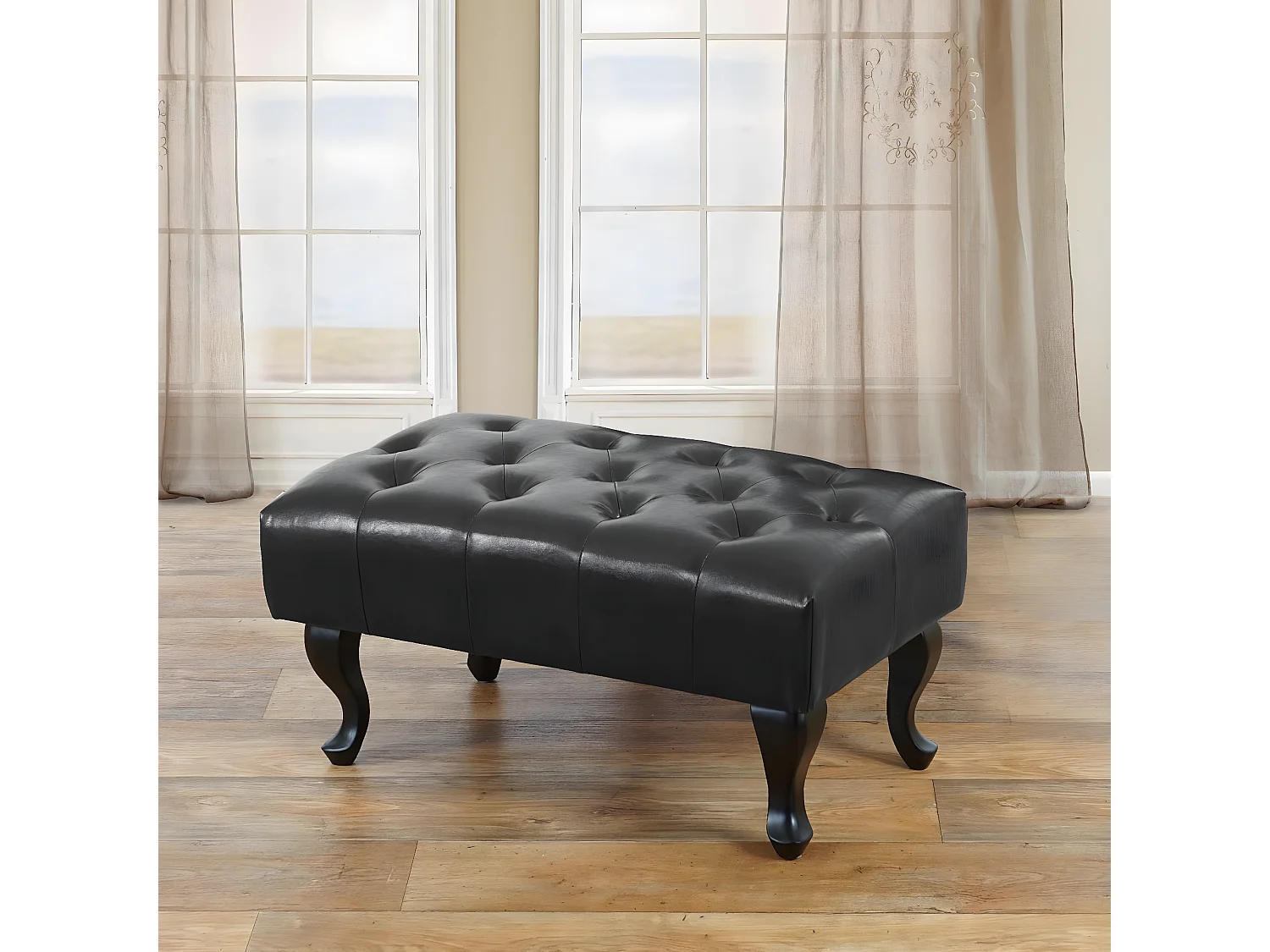 Pouf / ottoman de luxe lounge Chesterfield similicuir - pieds antiques, noir
