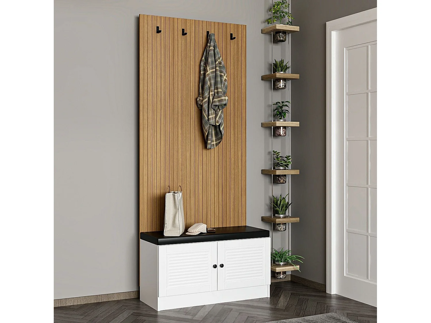 Meuble d'entrée Lianne L90xH210cm Bois clair et Blanc