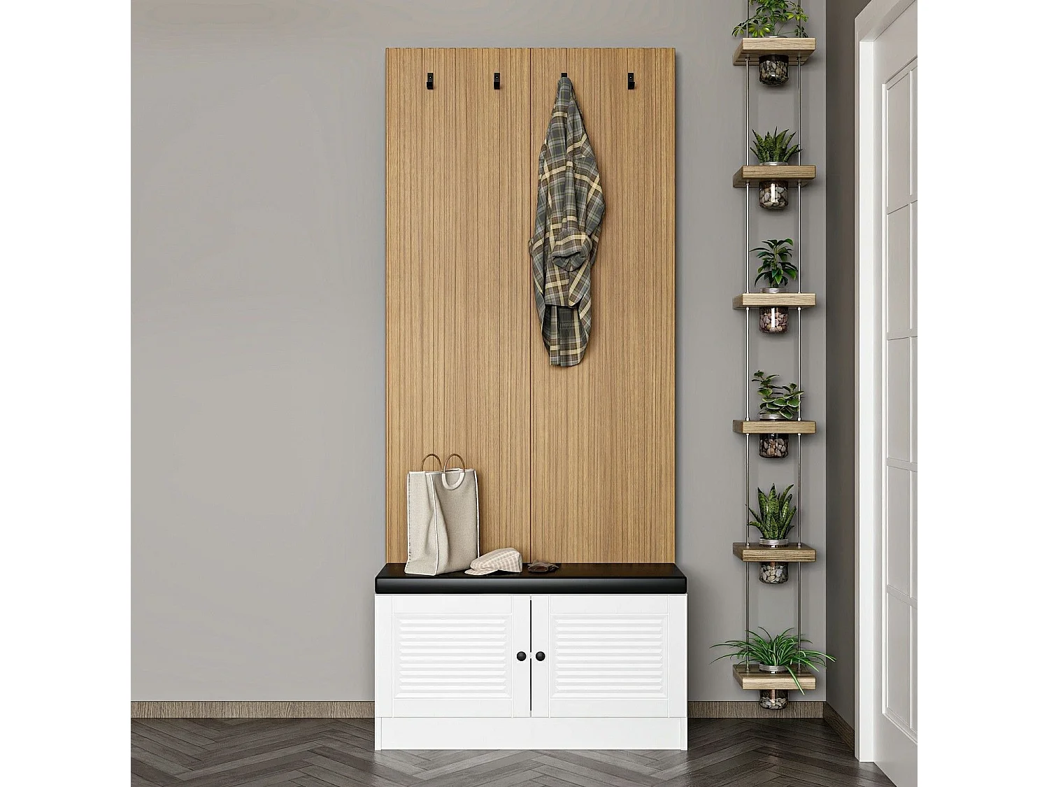 Meuble d'entrée Lianne L90xH210cm Bois clair et Blanc