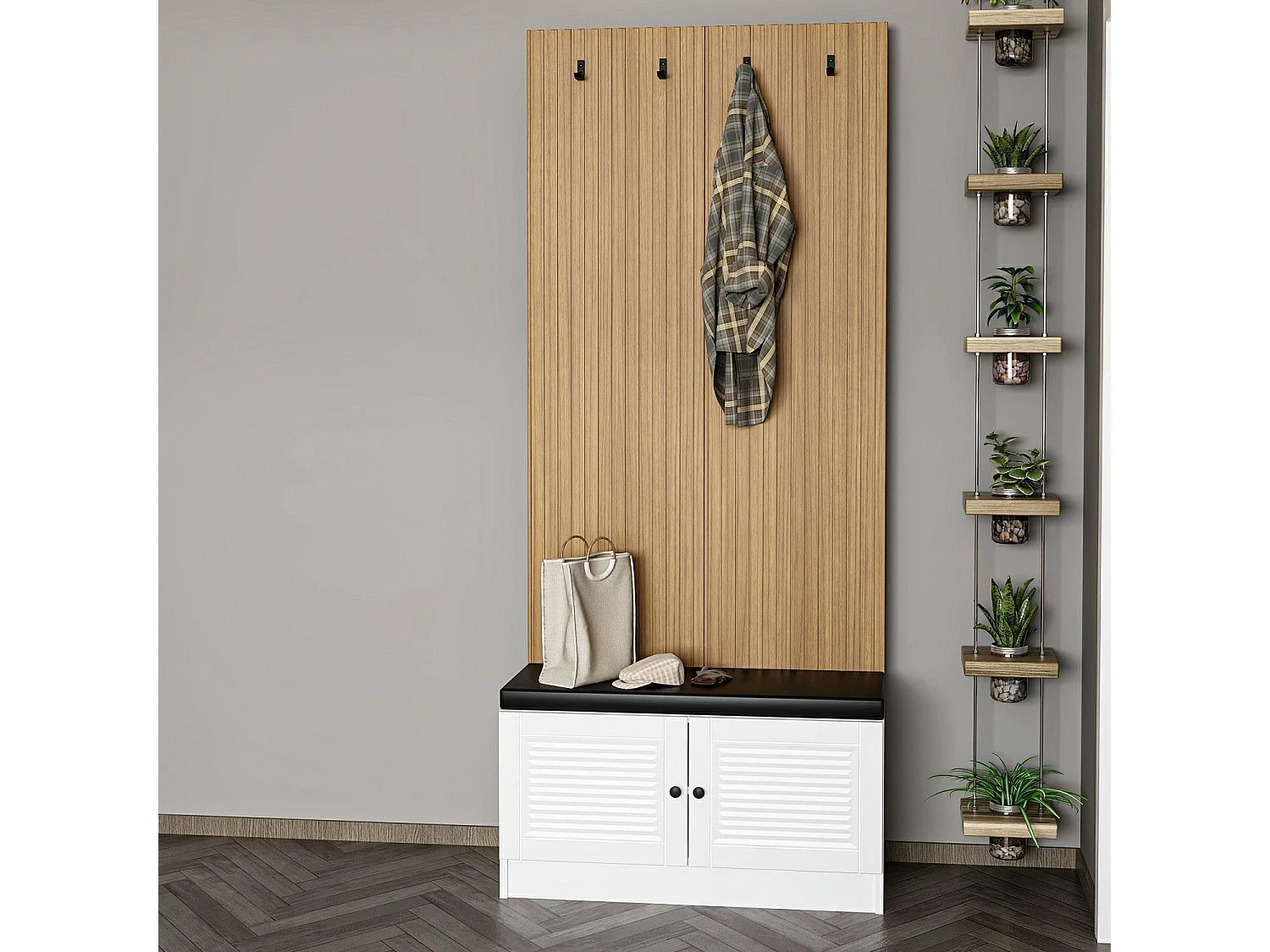 Meuble d'entrée Lianne L90xH210cm Bois clair et Blanc