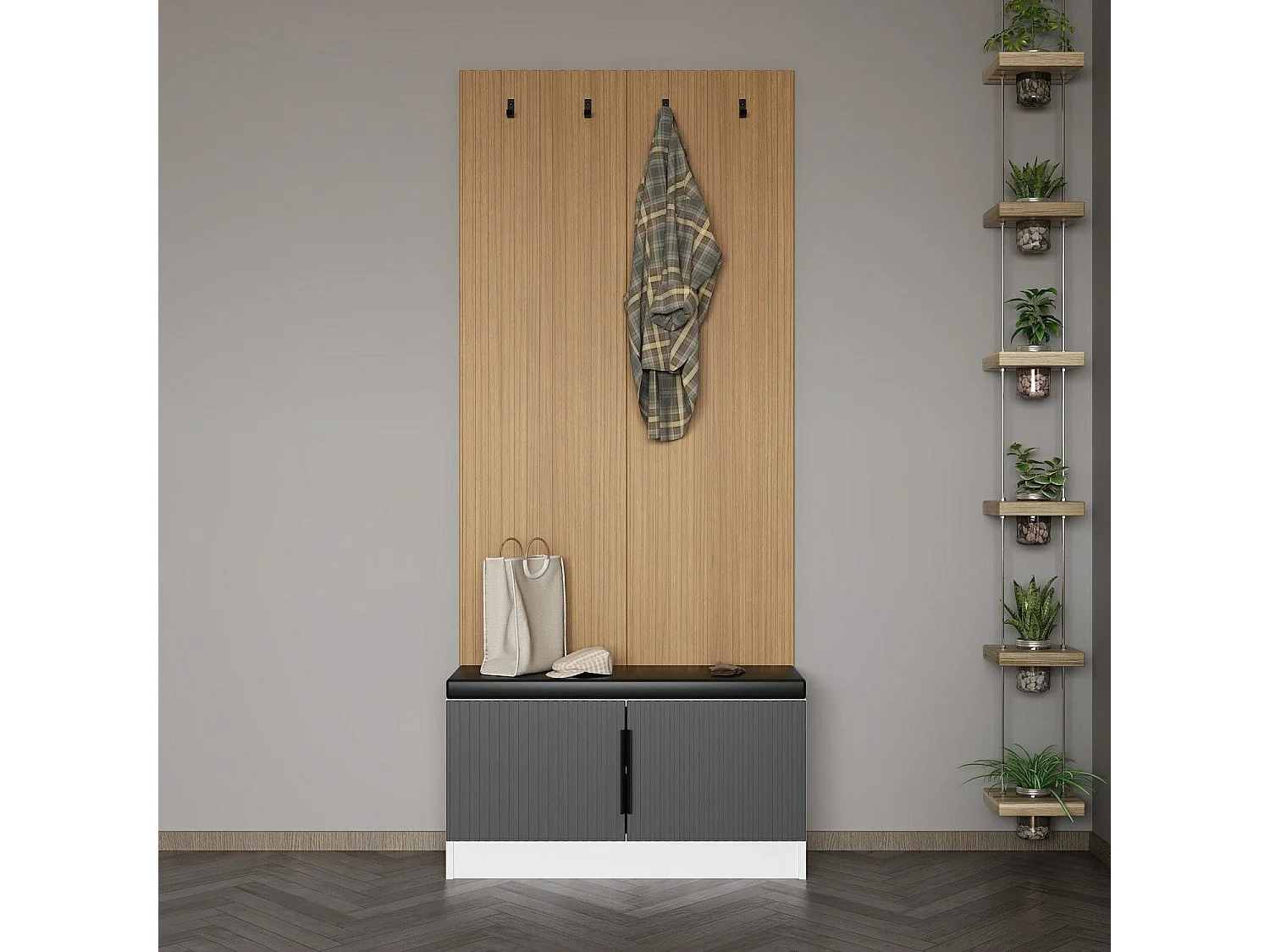 Conjunto pasillo Kailua E103, 210x90x35cm, Luminoso madera|Antracita|Blanco