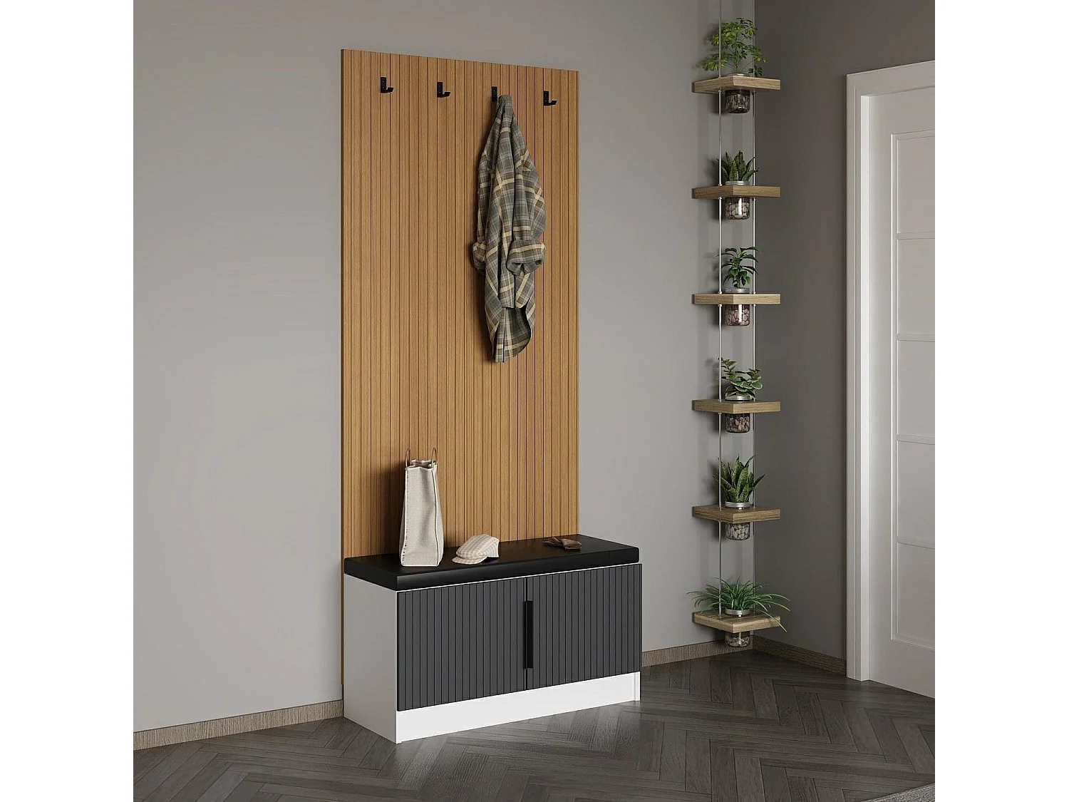 Conjunto pasillo Kailua E103, 210x90x35cm, Luminoso madera|Antracita|Blanco