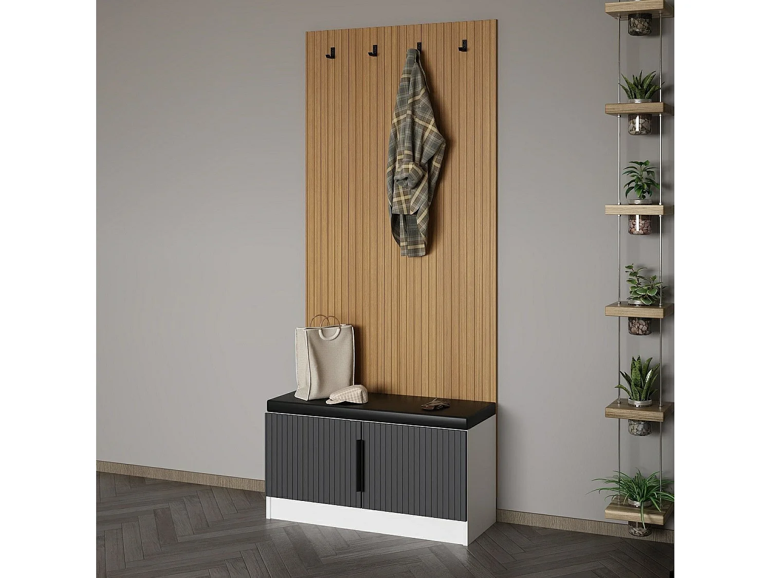 Meuble d'entrée Lilion L90xH210cm Bois clair et Anthracite