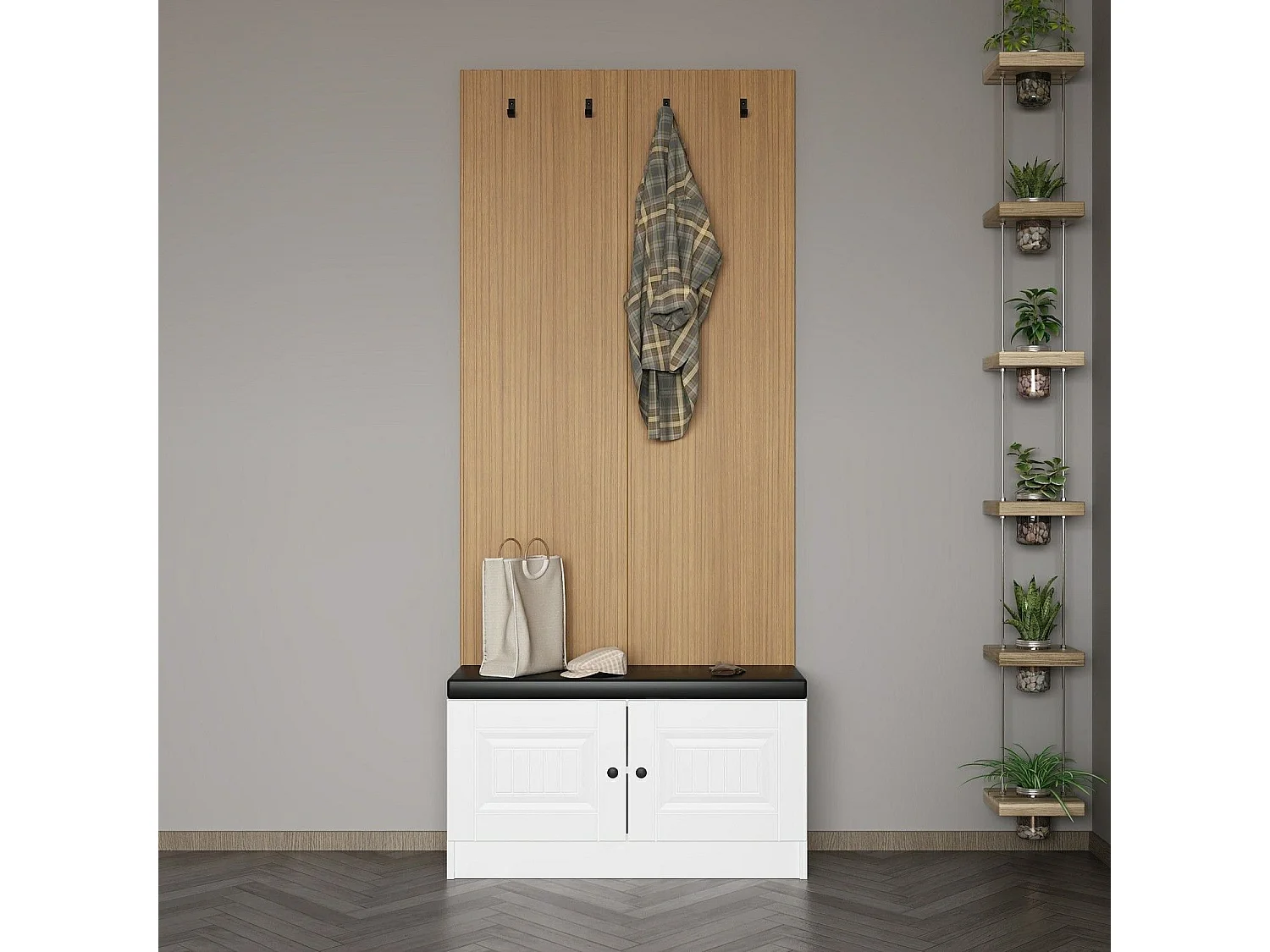 Meuble d'entrée Loly L90xH210cm Bois clair et Blanc
