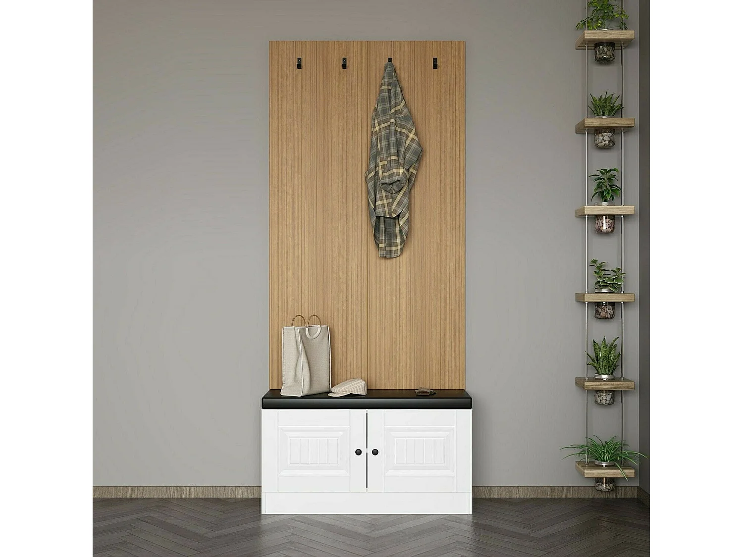 Meuble d'entrée Loly L90xH210cm Bois clair et Blanc
