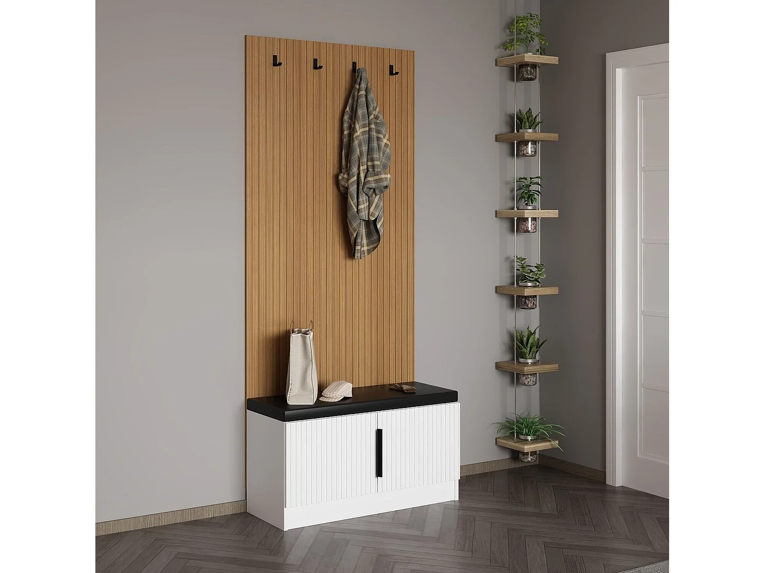 Conjunto pasillo Kailua E103, 210x90x35cm, Luminoso madera|Blanco, Aglomerado laminado