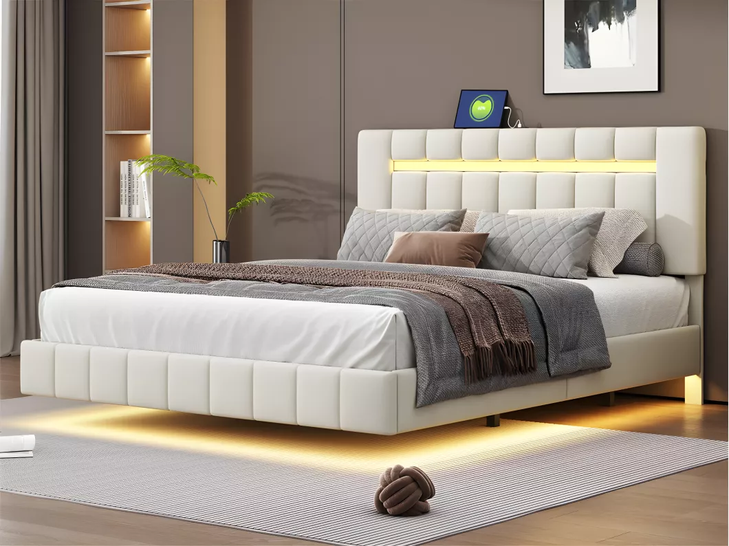 Kauf Unique Gepolstertes Leinenbett – 160 x 200 cm – mit LED-Beleuchtung und USB-Ladeanschlüssen – Beige