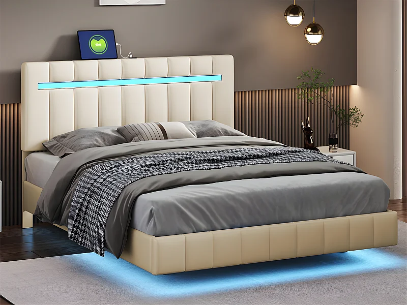 Gestoffeerd linnen bed - 140x200cm - met LED verlichting en USB oplaadpoorten - Beige
