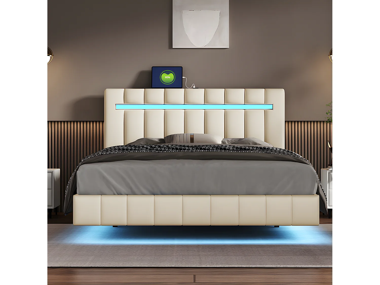 Gestoffeerd linnen bed - 140x200cm - met LED verlichting en USB oplaadpoorten - Beige