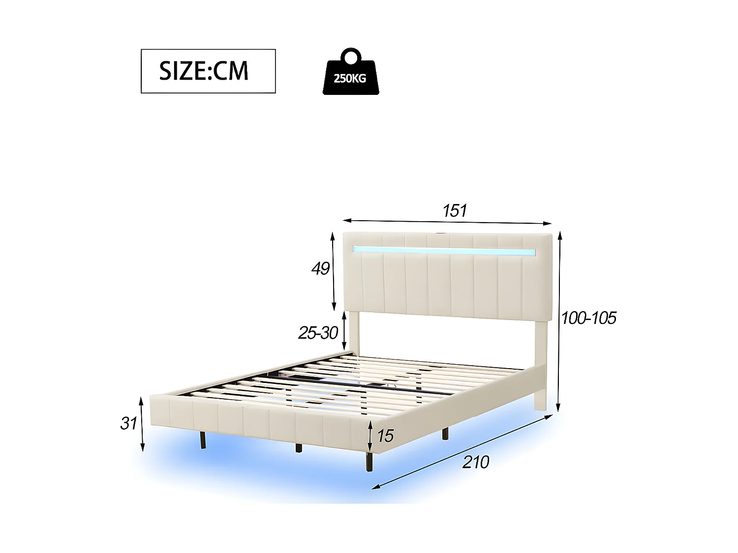 Gestoffeerd linnen bed - 140x200cm - met LED verlichting en USB oplaadpoorten - Beige