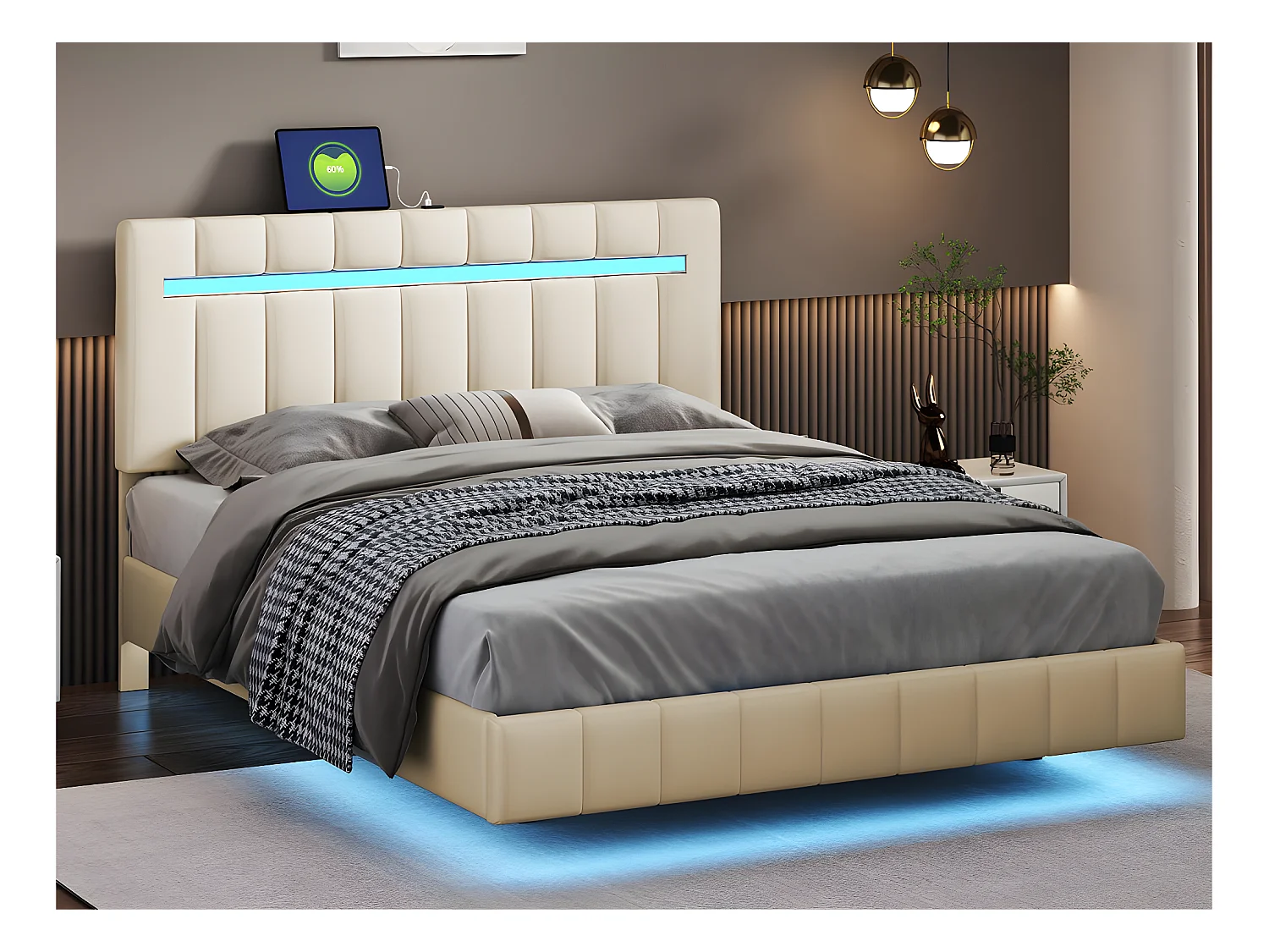 Lit double rembourré en lin - 140x200cm - lit flottant avec éclairage LED et Ports de charge USB - Beige