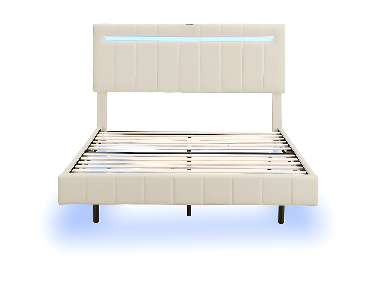 Lit double rembourré en lin - 140x200cm - lit flottant avec éclairage LED et Ports de charge USB - Beige