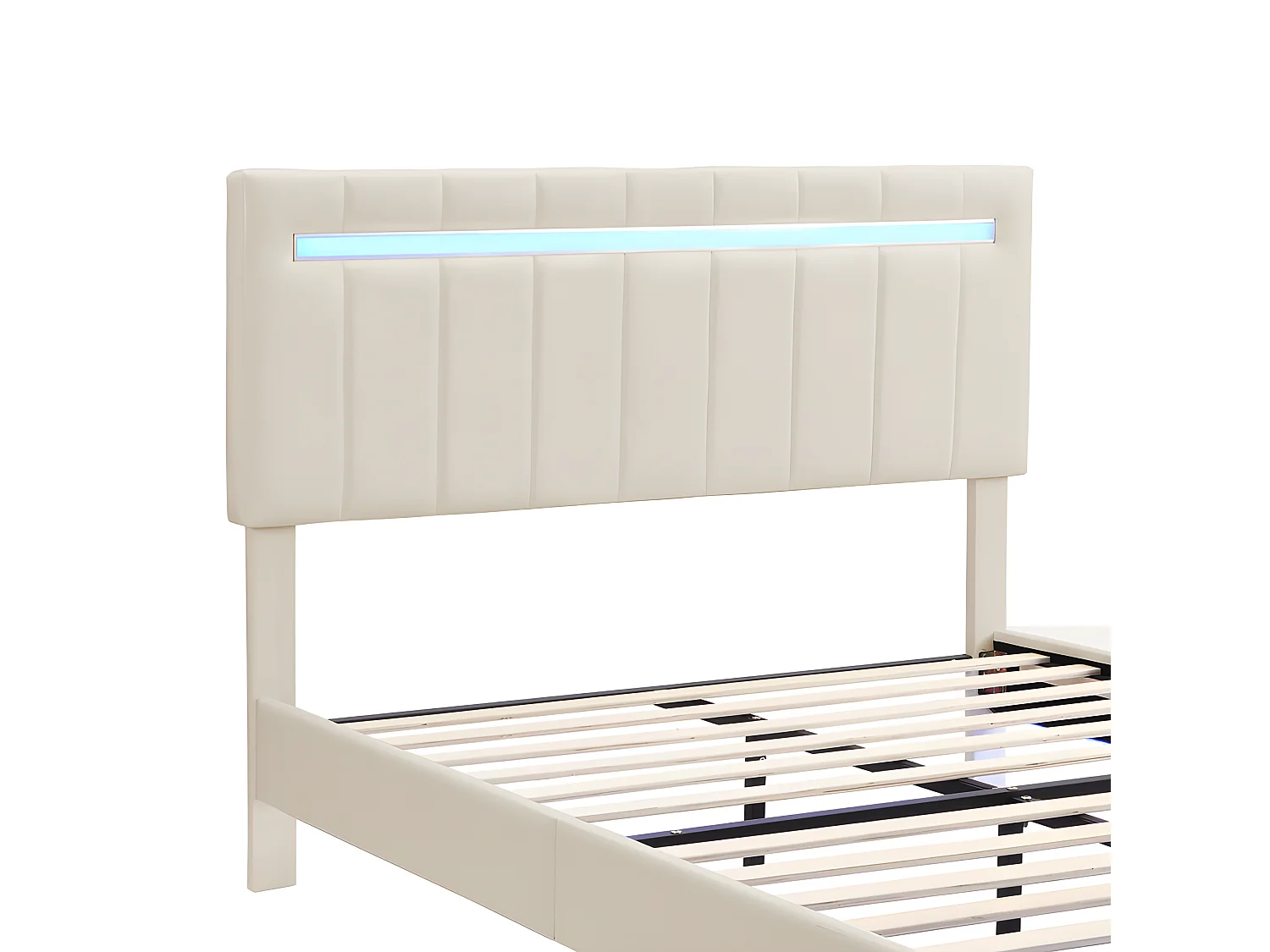Lit double rembourré en lin - 140x200cm - lit flottant avec éclairage LED et Ports de charge USB - Beige