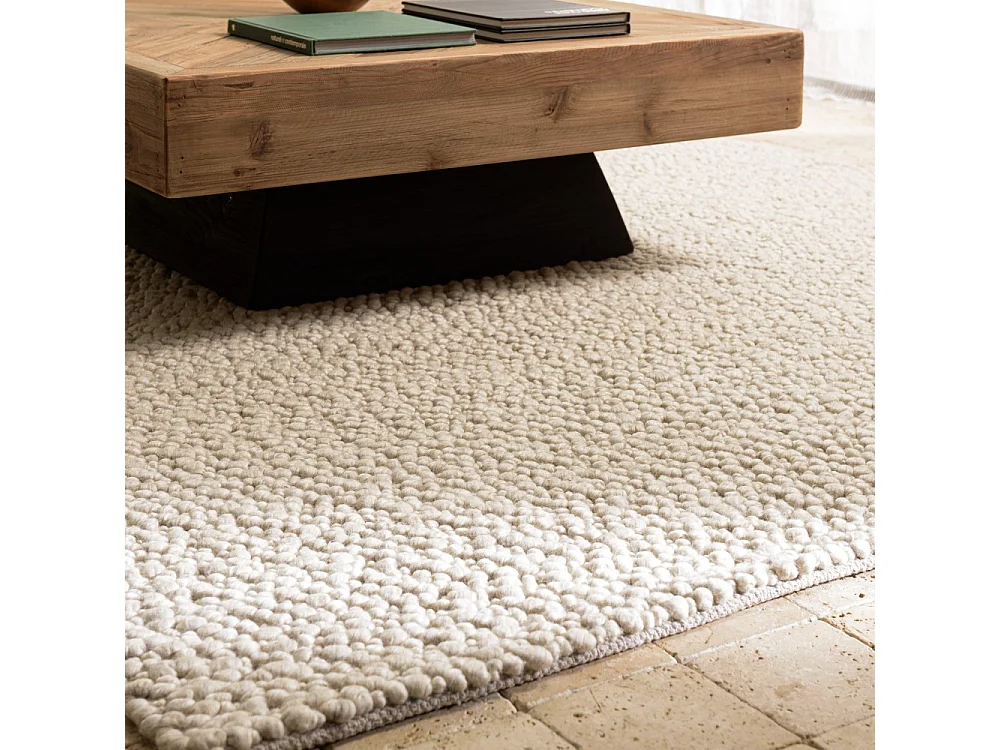 QUENTIN - Tapis rectangulaire 200x290cm en laine bouclée couleur beige