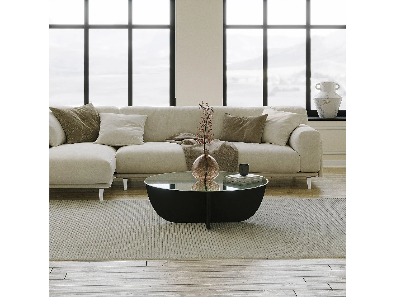 Table basse design Lynas D90cm Bois Noir et Verre trompé Transparent