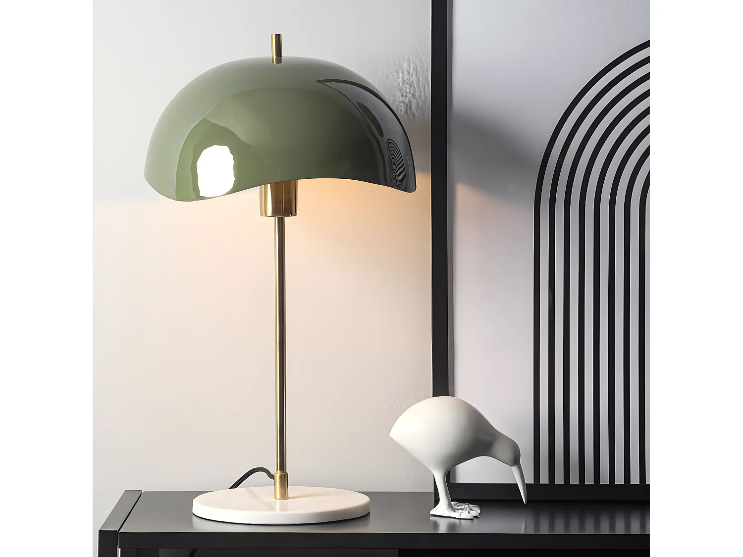 Waved Dome - Lampe à poser en métal et marbre - Vert kaki