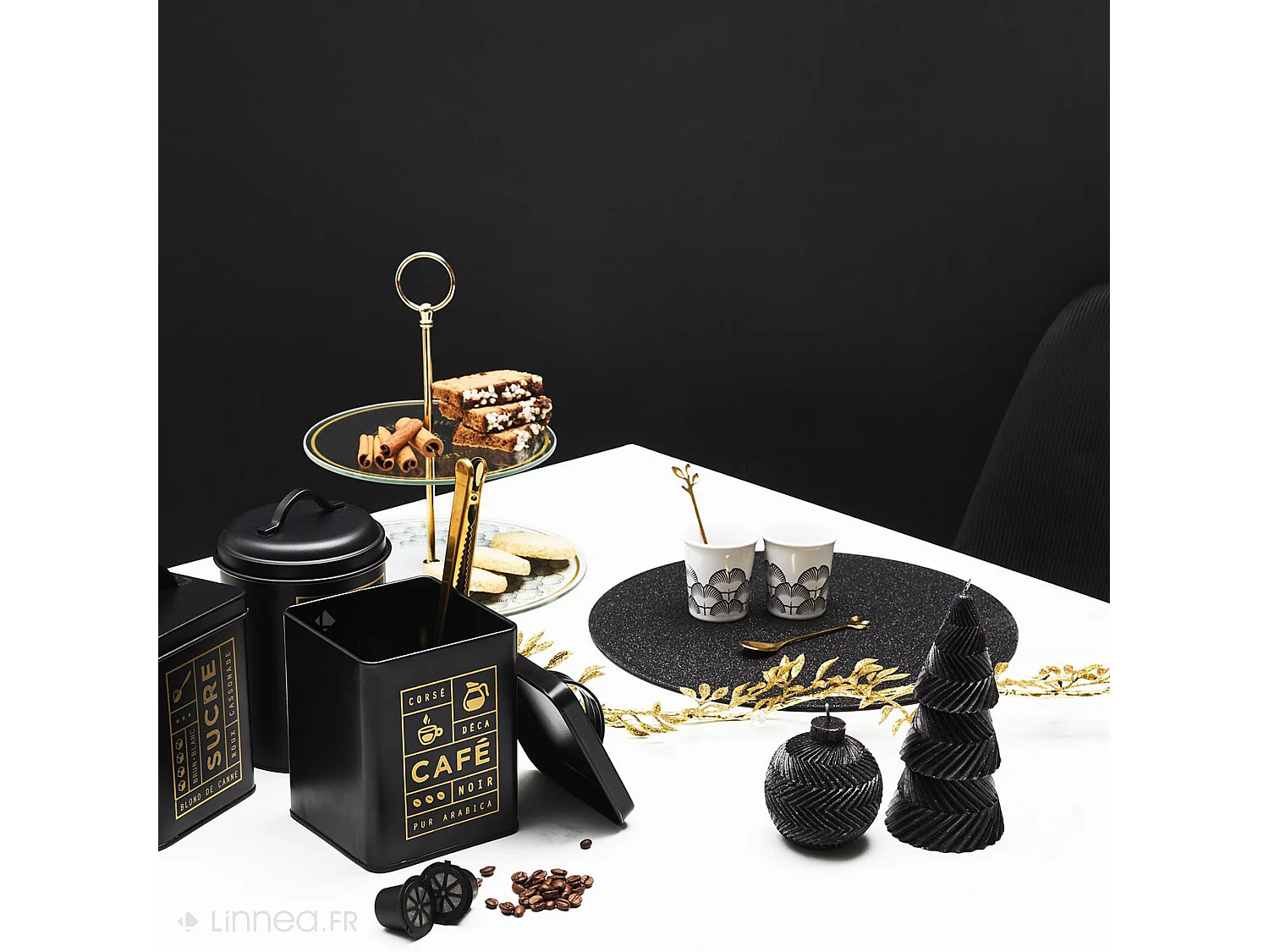 Boite de rangement 15L en métal motif café collection BLACK MAT noire