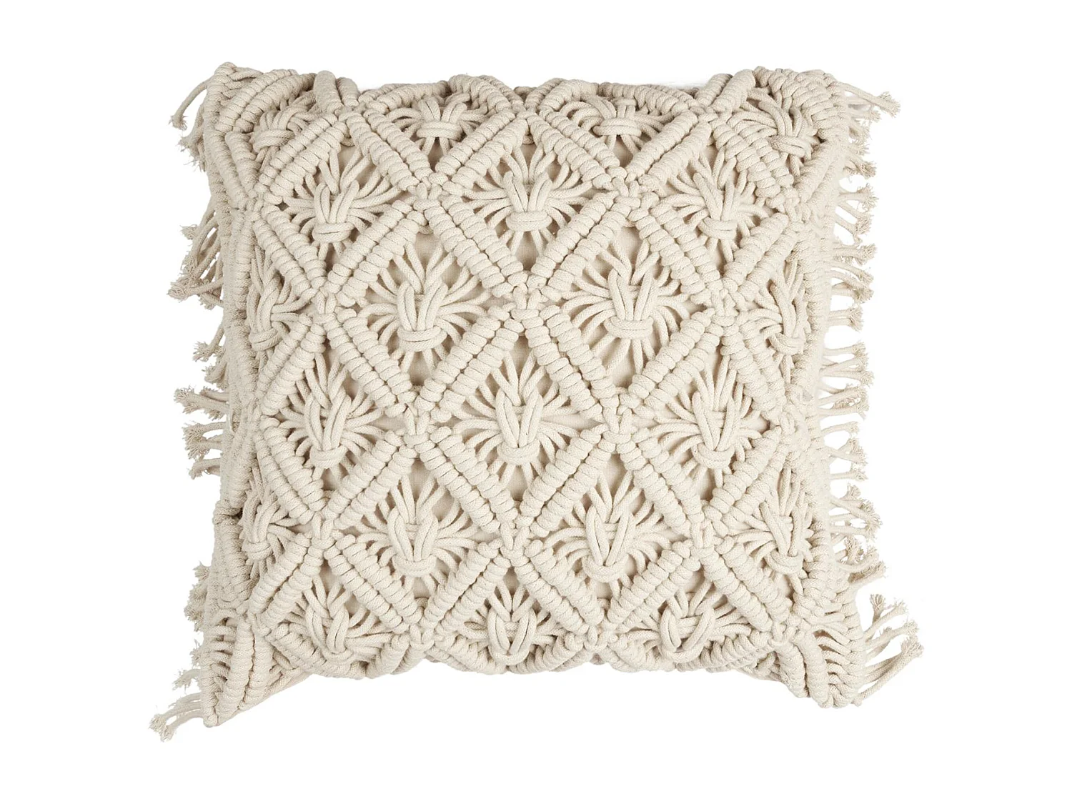 Coussin à franges 40x40 cm collection BOHEME macramé façon tressé beige