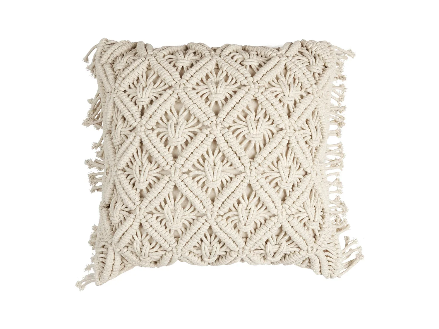 Coussin à franges 40x40 cm collection BOHEME macramé façon tressé beige