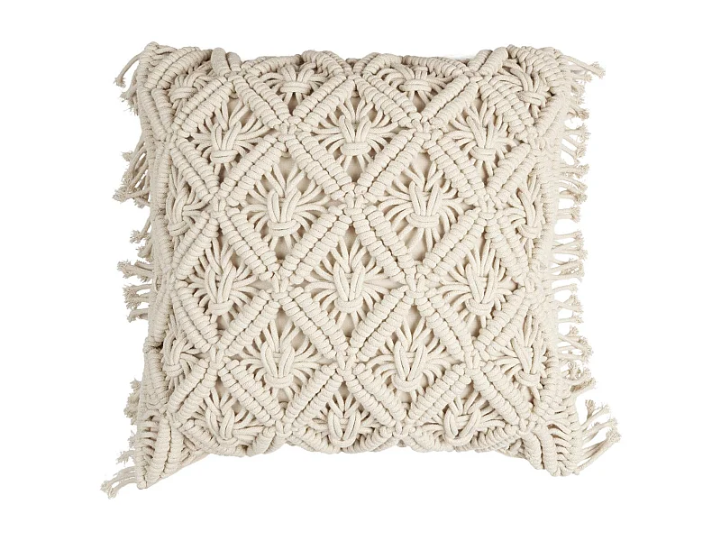 Coussin à franges 40x40 cm collection BOHEME macramé façon tressé beige